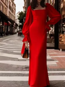 Elegant red long-sleeved square neck maxi evening dress with ruffed cuffs for formal events