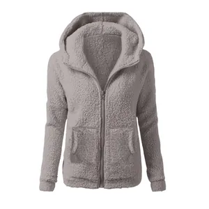 Fashionable women's solid color loose hooded sherpa fleece zip-up jacket in grey