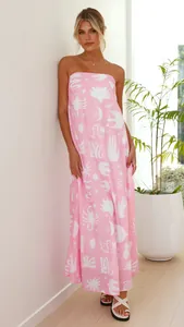 Elegant pink strapless maxi dress featuring white celestial motifs and LOVE print.