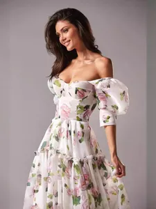 Elegant off-the-shoulder floral organza evening maxi dress for women