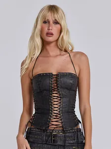 Detailed view of American retro PU leather lace-up tube top with halter straps.