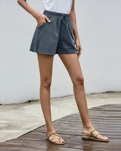 Pantalones cortos de lino línea A para mujer, azul gris, cintura elástica y bolsillos