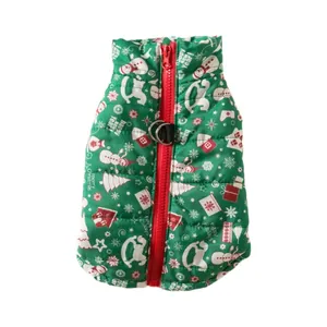 Green Christmas dog padded vest with snowman pattern and red zipper for winter warmth