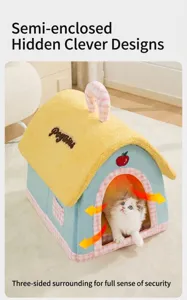 Detail view of a semi-enclosed plush house-shaped cat bed with warm airflow illustration