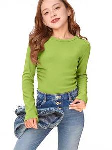 Girls' slim fit long-sleeved ribbed T-shirt in bright lime green with a classic round neck