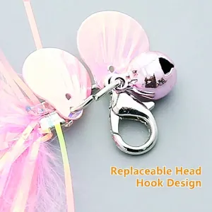 Durable cat teaser wand replacement head with bell, pink shells, and lobster clasp design
