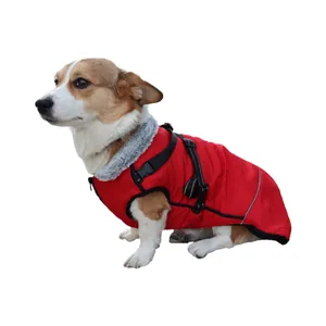 Red waterproof warm winter dog jacket with integrated harness for small and medium dogs