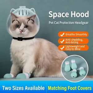 Transparente Katzen-Weltraumhaube Atmungsaktiver Maulkorb Gegen Beißen Und Lecken Schutzhülle Mit Silikon-Pfotenabdeckungs-Set