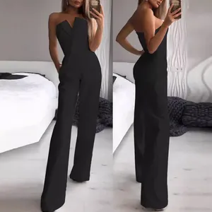 Damen Elegant Leinen Ärmellos Jumpsuit Schräger Schlitz Tube-Top Weites Bein Gerade Lang Jumpsuit Für Pendeln Büro Sommer