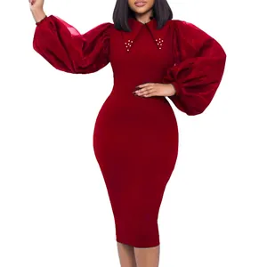 Elegant burgundy bodycon midi dress with sheer lantern sleeves and pearl collar detail.