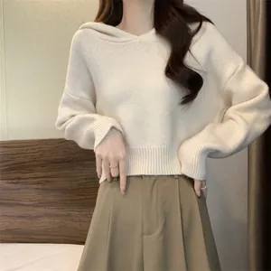Pull court à capuche en maille crème douce, coupe décontractée pour l'automne et l'hiver