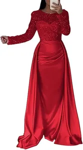 Elegant red long-sleeved evening gown featuring a sequined bodice and satin skirt