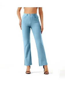 Women's light blue solid color straight leg office trousers with elastic waist