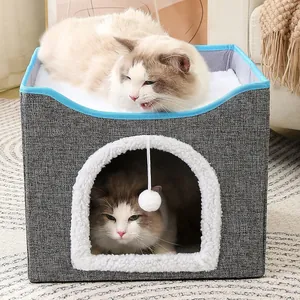 Foldable Wood Cat House Multifunctional Pet Bed Storage Stool With Sisal Scratcher Cube Cat Litter Box For Small Animals
