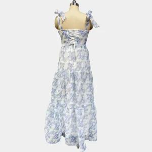 Rear view detail of a blue floral organza maxi dress with lace-up back and tie shoulders.