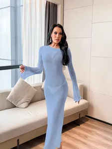Women Sexy Backless Knit Maxi Dress Long Sleeve Sheer Beach Cover Up Solid Color Hollow Out Sun Protection Summer Dress