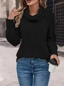 Close-up detail showing the ribbed knit texture of this black cowl neck sweater for women.