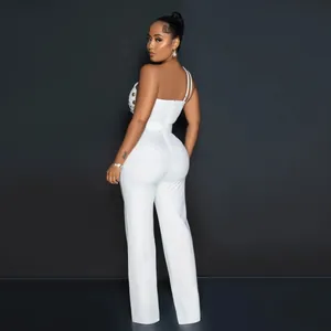 Elegant white one-shoulder slim-fit wide-leg jumpsuit for women shown from the back