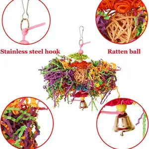 Colorful parrot chewing toy with rattan balls and stainless steel hook for bird cages