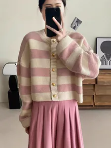 Premium pink and cream horizontal striped knit cardigan with elegant gold buttons