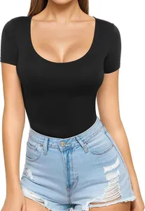 Close-up of a women's sexy black low scoop neck slim fit short sleeve T-shirt