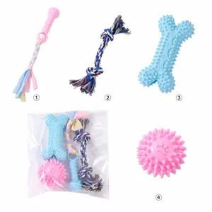 Detailed view of durable rubber and cotton rope dog chew toys set in packaging bag