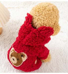 Detailed view of the plush red bear hooded sweater for small dogs and cats.