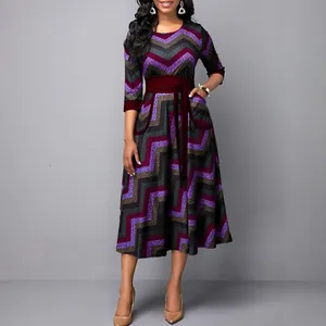 Plus size chevron print flare dress with round neck and high waist sash belt