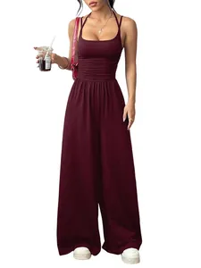 Elegante mono granate sin espalda de pierna ancha para mujer ropa de verano casual