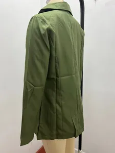 Side back detail view of olive green slim fit women's blazer jacket with classic lapel
