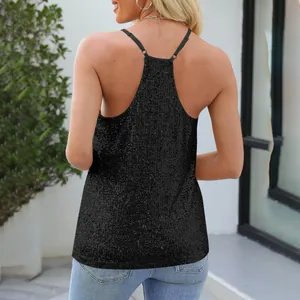 Back view of a shimmering black sequined tank top with delicate adjustable straps