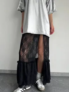 Sexy sheer black lace maxi dress with a high slit for trendy summer streetwear style