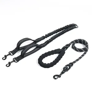 Durable reflective dual bungee dog leash set with comfortable foam handle for walking two pets
