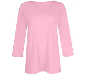 Detailed front view of a women's casual V-neck t-shirt in solid pink with 3/4 sleeves.
