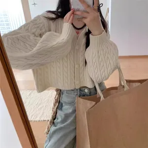 Korean Style Cable Knit Cardigan Sweater For Women Loose Fit Round Neck Button Up Short Crochet Outerwear Casual Jacket