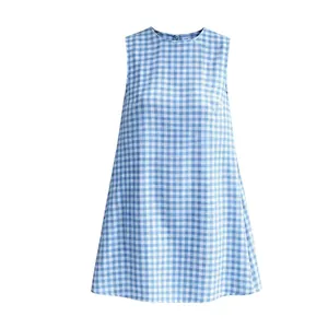 Front view of a blue and white gingham sleeveless dress with a round neck.