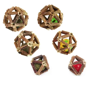 Natural silvervine wooden cat toys set featuring catnip balls and colorful bells inside
