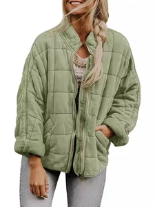 Stylish women's sage green quilted puffer jacket with stand collar and front zipper closure