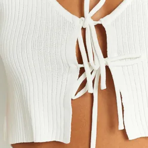 Elegant white ribbed knit tie-front crop top with sexy V-neck for summer women.