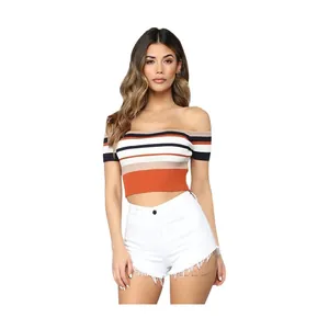 Summer multi-colored striped off-shoulder knit crop top for women stylish casual wear