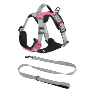 Detail view of a pink and gray padded dog harness vest with a matching durable leash set