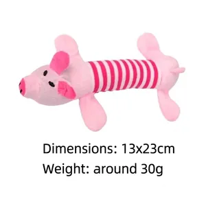 Detail of striped pig squeaky plush dog toy showing dimensions and weight