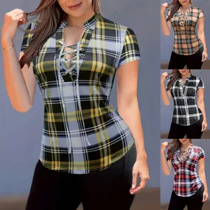 Women Plaid Printed Top Stand Collar Lace-up Chest Slim Fit Short Sleeve Summer T-Shirt Sexy Casual Blouse Retro Graphic Top