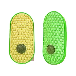 Avocado-shaped silicone cat grooming brush with catnip ball wall-mounted massager tool