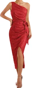 Full length view of a red one-shoulder sequin dress with side slit for cocktail parties