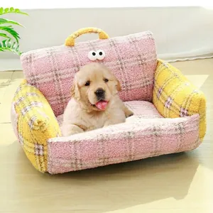 British Plaid Bouclé Fleece Pet Sofa Bed Thickened Soft Cat Nest With Handle Big Eyes Cute Dog Couch Indoor House