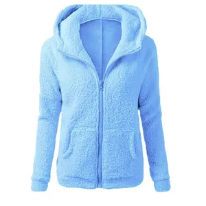 Soft women's light blue sherpa fleece zip-up hoodie featuring a warm hood and pockets