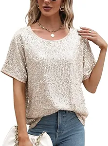 Haut élégant à paillettes dorées pour femmes, manches courtes et accessoires de mode.