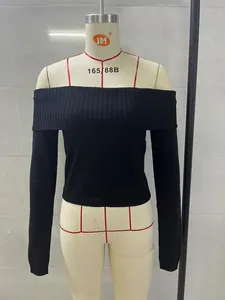Detailed view of black off-the-shoulder long-sleeved knitted sweater on mannequin