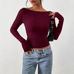 T-Shirt da Donna con Scollo a Barca a Maniche Lunghe in Viscosa a Costine Slim Fit Crop Top Casual Tinta Unita Autunno